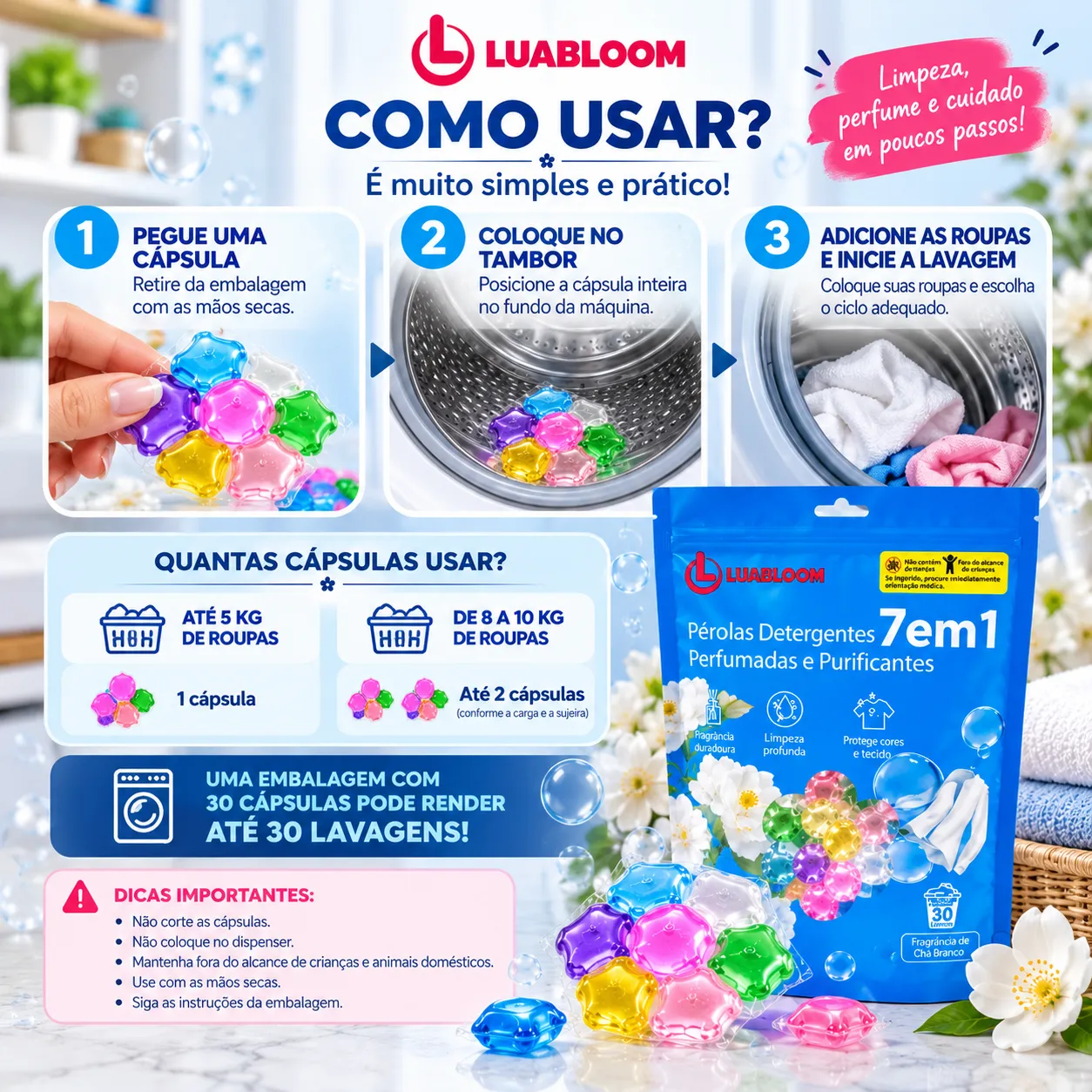 Cápsulas Lava-Roupas LUABLOOM 7 em 1 — Chá Branco | Limpeza e Perfume