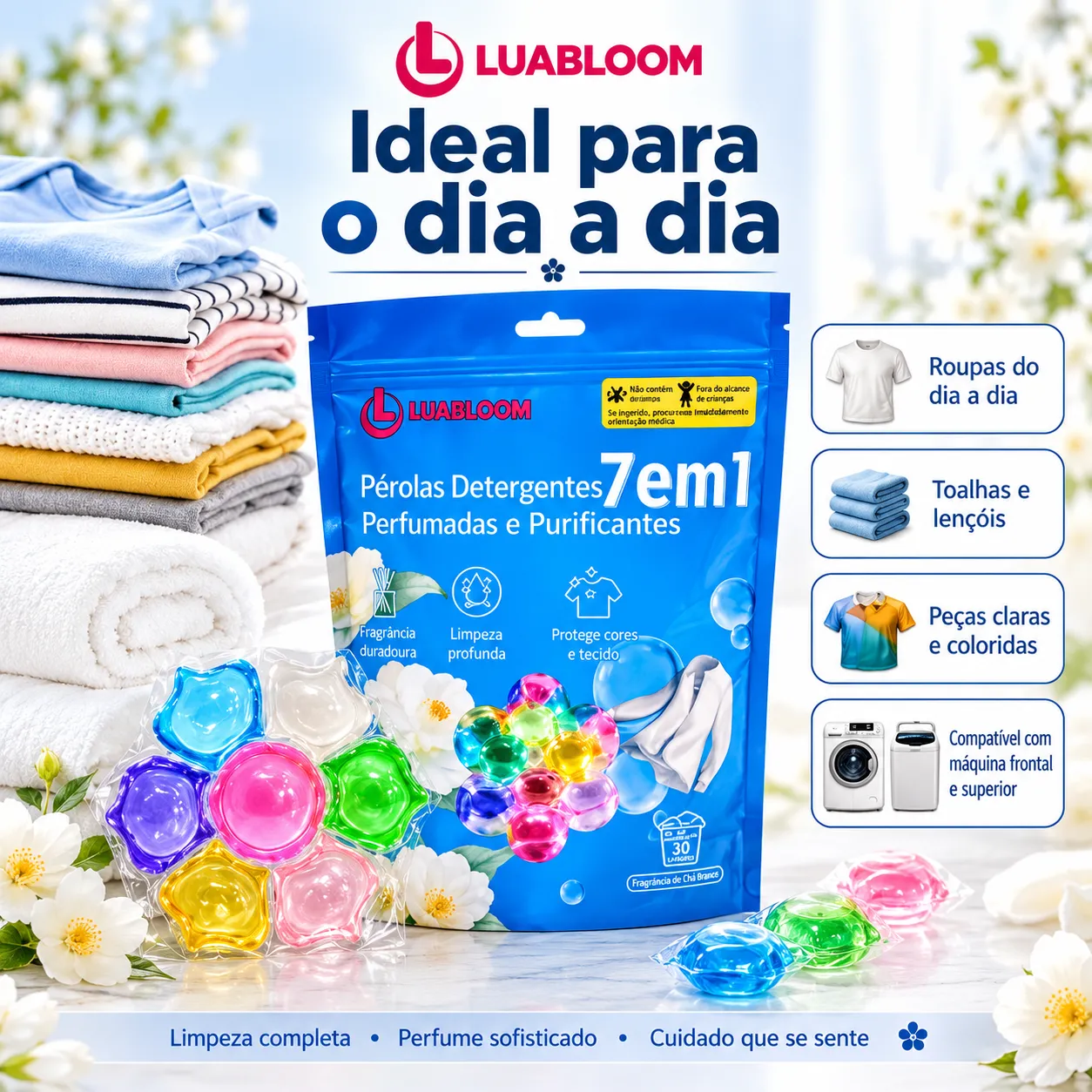 Cápsulas Lava-Roupas LUABLOOM 7 em 1 — Chá Branco | Limpeza e Perfume