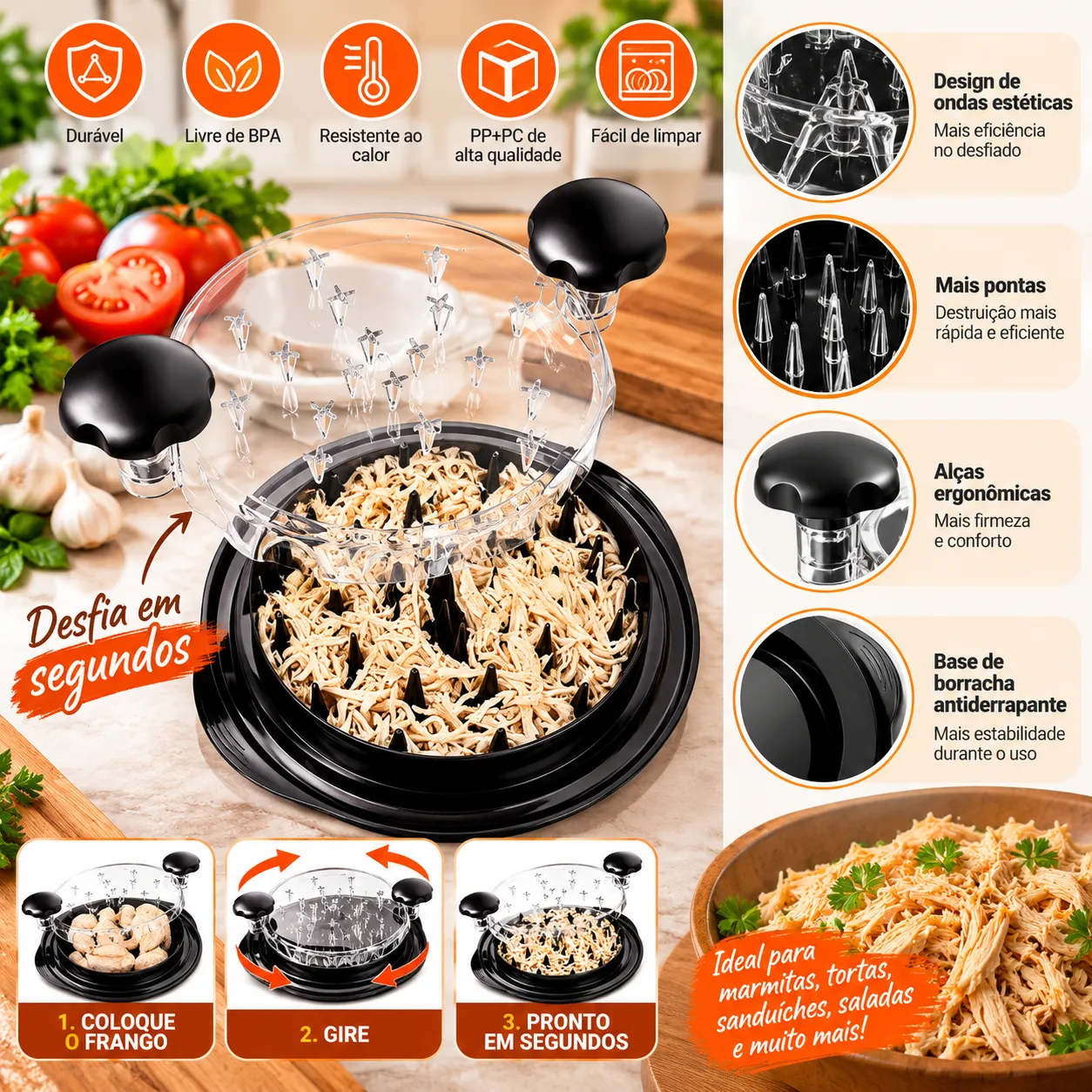 Desfiador Manual de Alimentos Multifuncional Moedor de Carne Manual Triturador de Frango