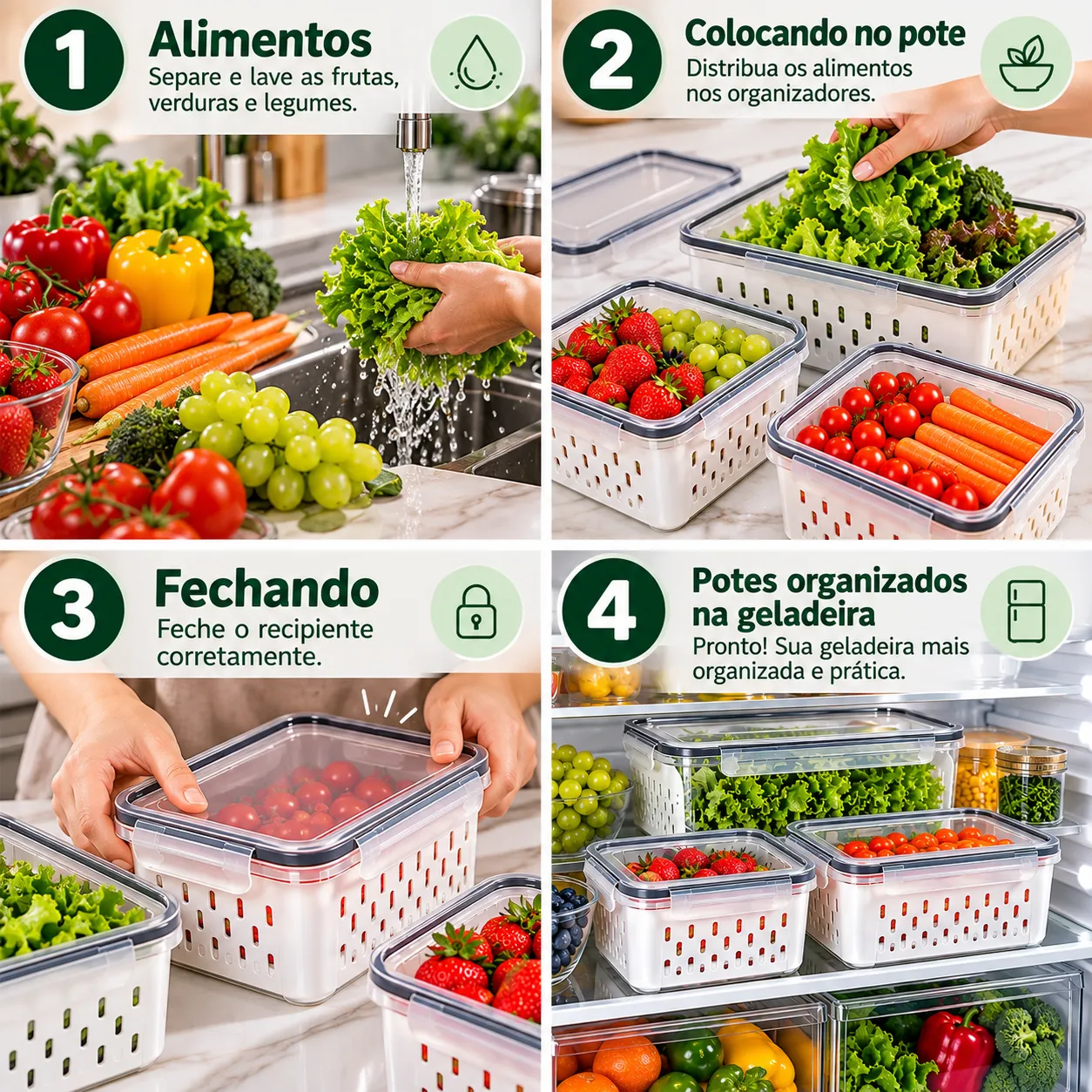 ✨ Geladeira Organizada Todos os Dias – Kit 3 Potes Organizadores com Tampa