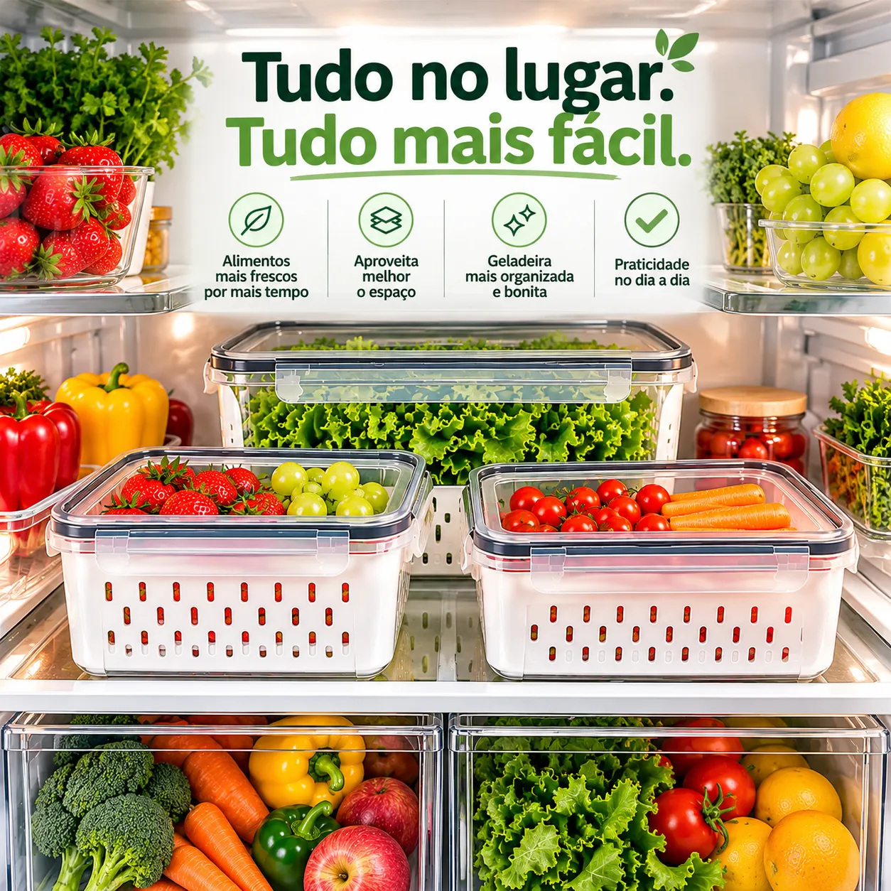 ✨ Geladeira Organizada Todos os Dias – Kit 3 Potes Organizadores com Tampa