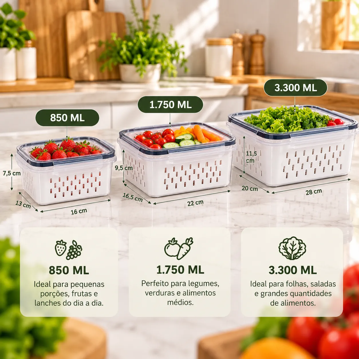 ✨ Geladeira Organizada Todos os Dias – Kit 3 Potes Organizadores com Tampa