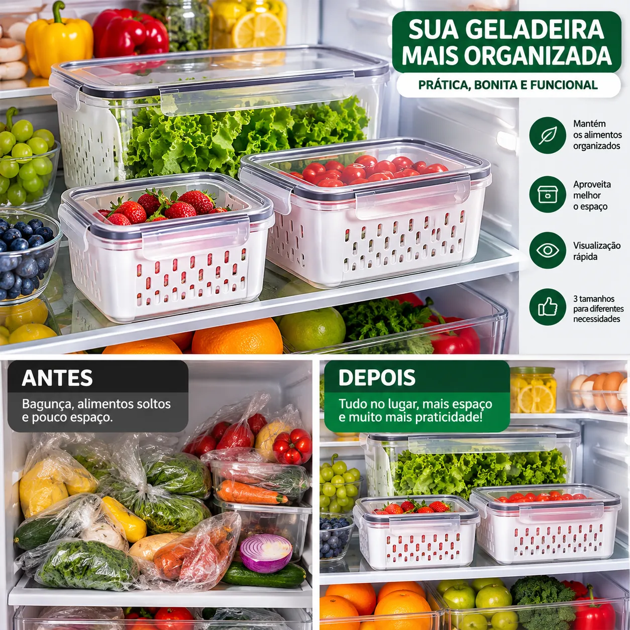 ✨ Geladeira Organizada Todos os Dias – Kit 3 Potes Organizadores com Tampa
