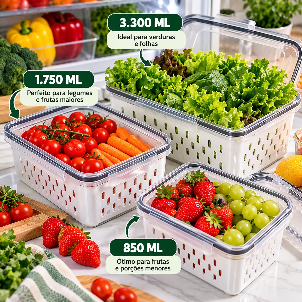 ✨ Geladeira Organizada Todos os Dias – Kit 3 Potes Organizadores com Tampa