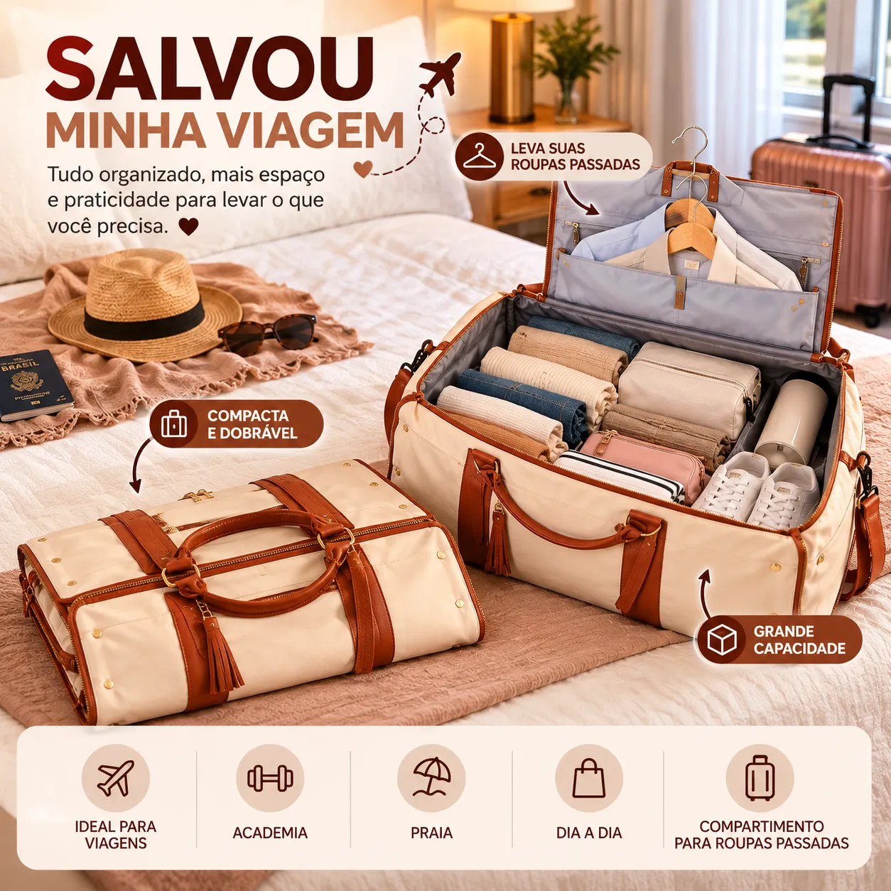 Bolsa de Viagem Grande Feminina Dobrável e Impermeável Armazenamento Saco de bagagem Saco de viagem armazenamento