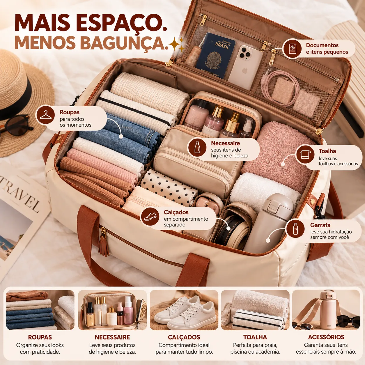Bolsa de Viagem Grande Feminina Dobrável e Impermeável Armazenamento Saco de bagagem Saco de viagem armazenamento