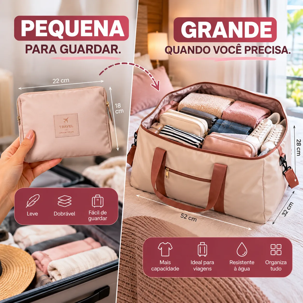 Bolsa de Viagem Grande Feminina Dobrável e Impermeável Armazenamento Saco de bagagem Saco de viagem armazenamento