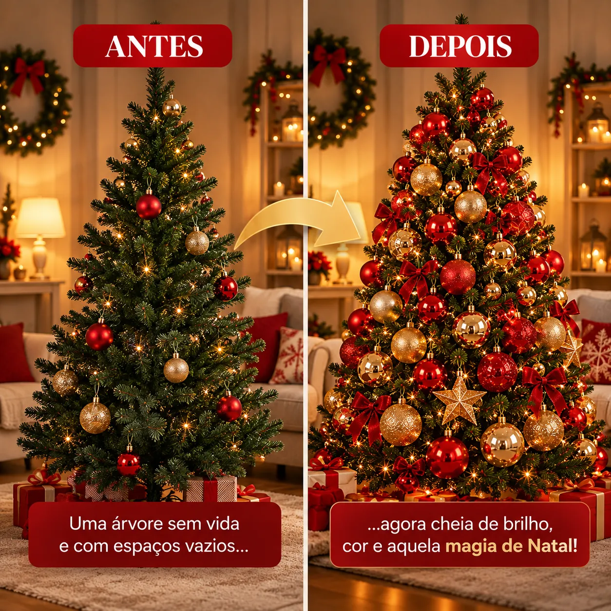 Kit 100 Bolas de Natal + Estrela para Árvore Decoração Premium Bolinhas Mistas Lisas Foscas Glitter Dourada e Vermelha