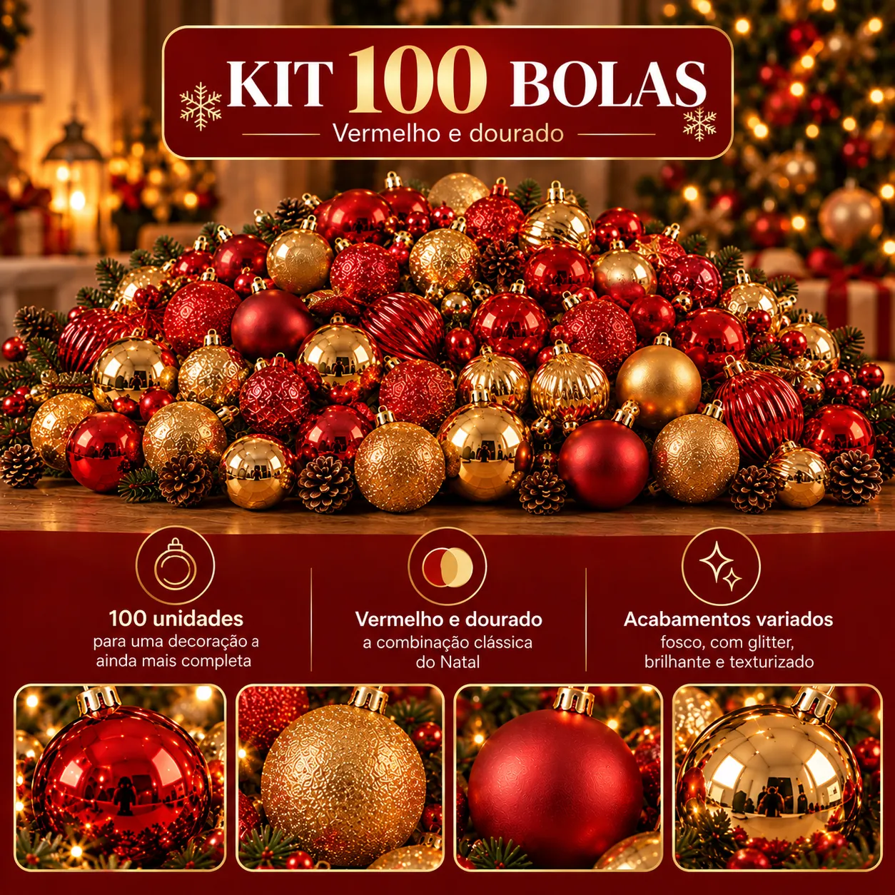 Kit 100 Bolas de Natal + Estrela para Árvore Decoração Premium Bolinhas Mistas Lisas Foscas Glitter Dourada e Vermelha