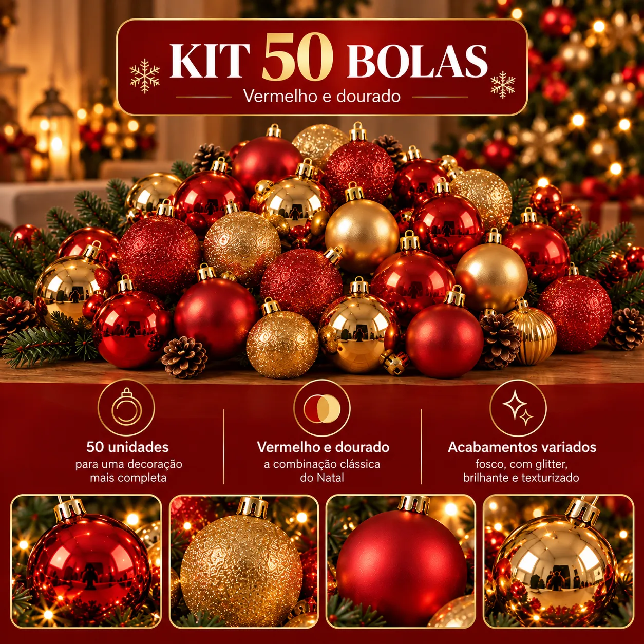 Kit 100 Bolas de Natal + Estrela para Árvore Decoração Premium Bolinhas Mistas Lisas Foscas Glitter Dourada e Vermelha