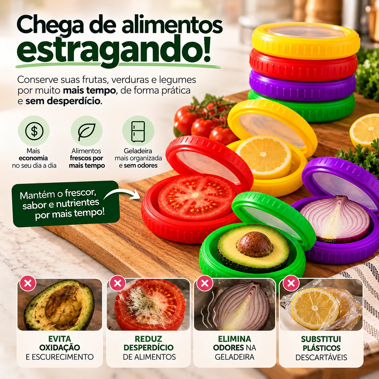 4Pcs Caixa de Silicone Armazenamento Frutas/Legumes: Reutilizável, Mantém Cebola/Abacate Frescos