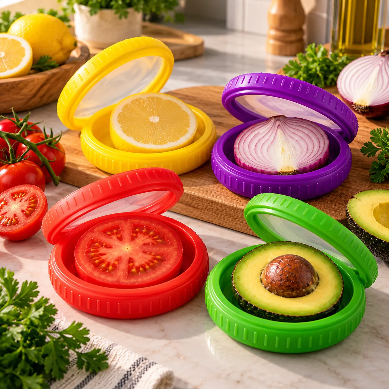 4Pcs Caixa de Silicone Armazenamento Frutas/Legumes: Reutilizável, Mantém Cebola/Abacate Frescos