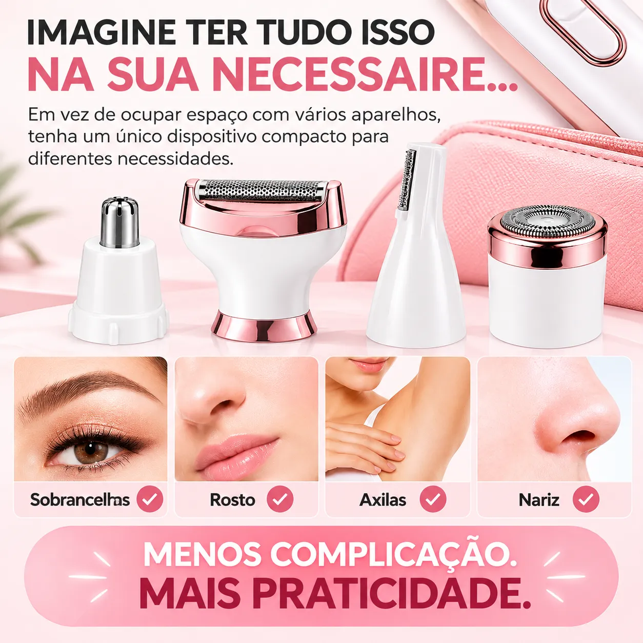 Barbeador Elétrico Feminino 4 Em 1 Depilador Aparador Corpo Íntimo Facial Nariz USB Recarregável