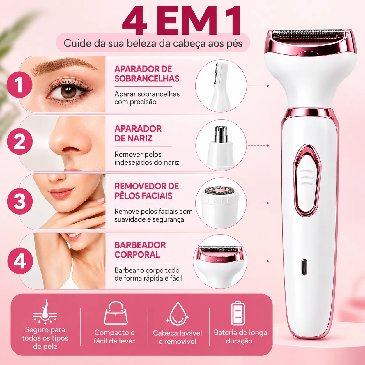Barbeador Elétrico Feminino 4 Em 1 Depilador Aparador Corpo Íntimo Facial Nariz USB Recarregável