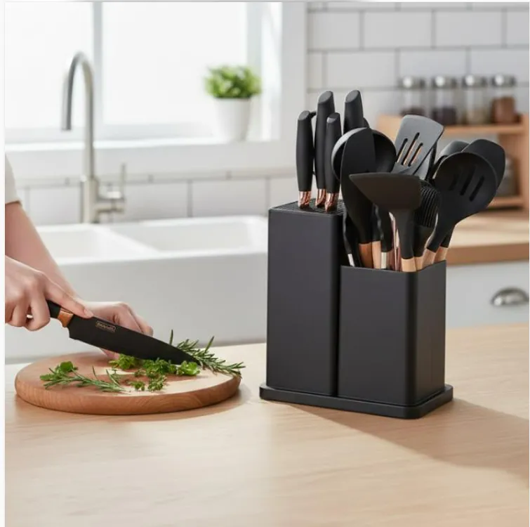 Kit Cozinha 19 Peças Silicone Antiaderente Facas Inox Madeira com Suporte