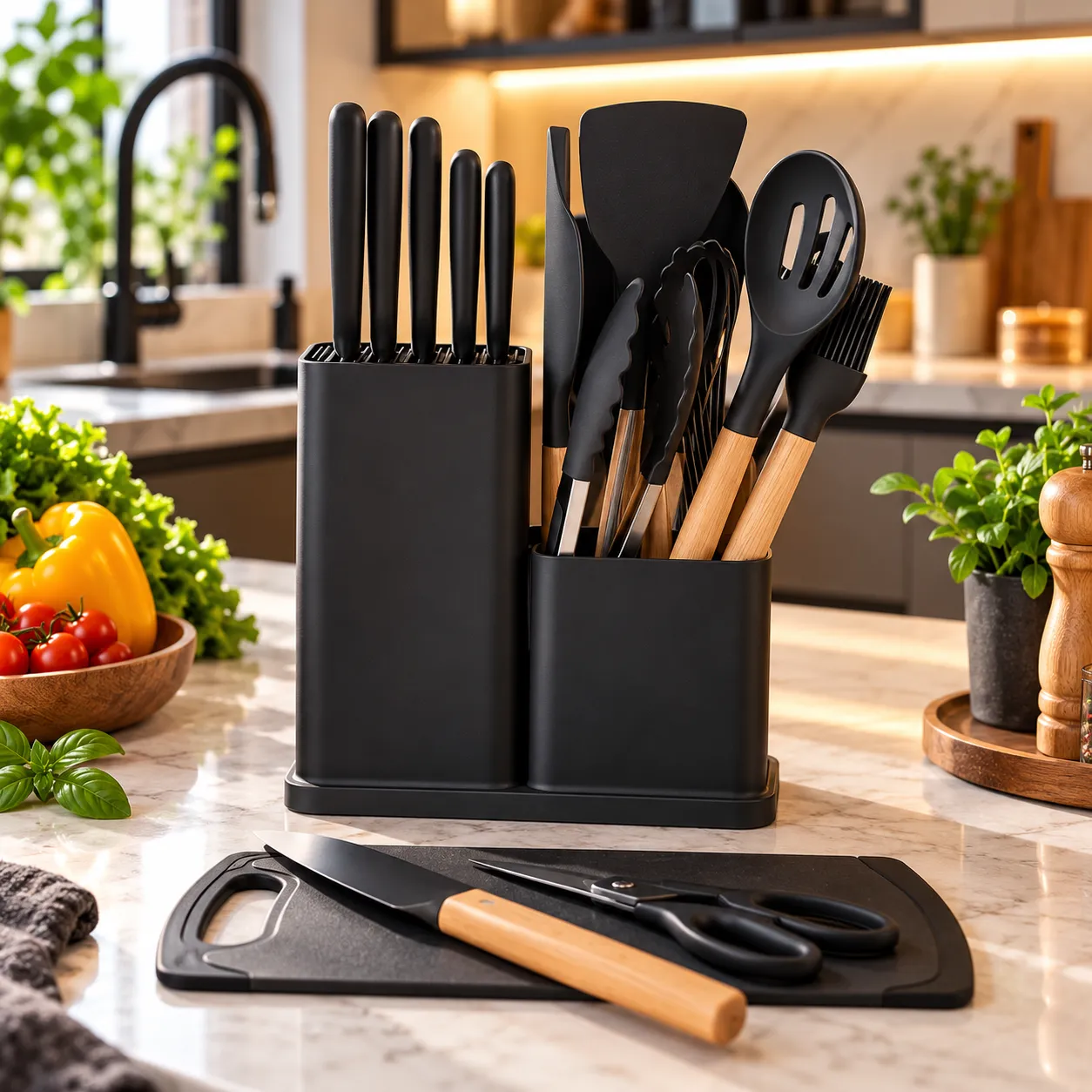 Kit Cozinha 19 Peças Silicone Antiaderente Facas Inox Madeira com Suporte