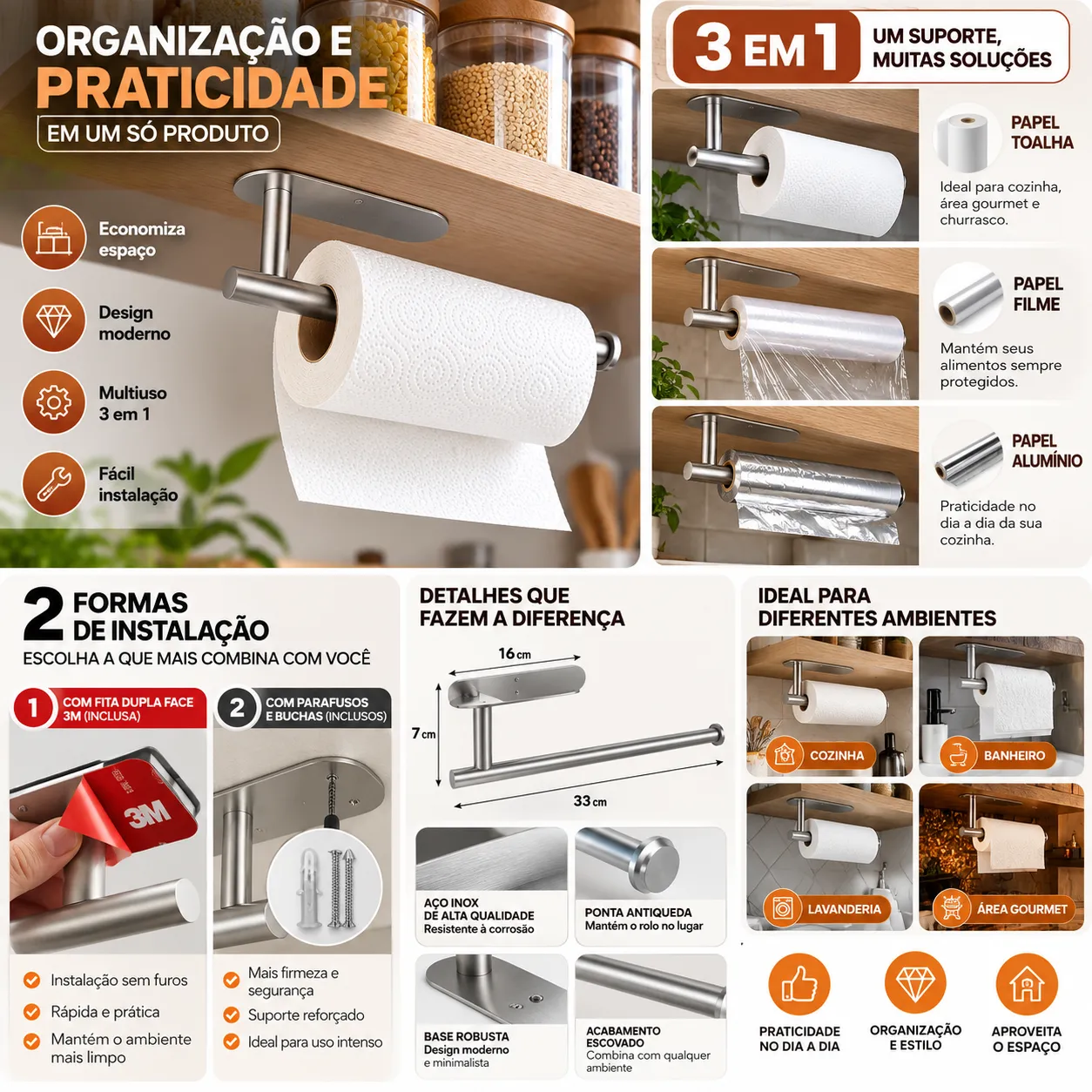 Suporte de papel toalha de aço inoxidável para cozinha.