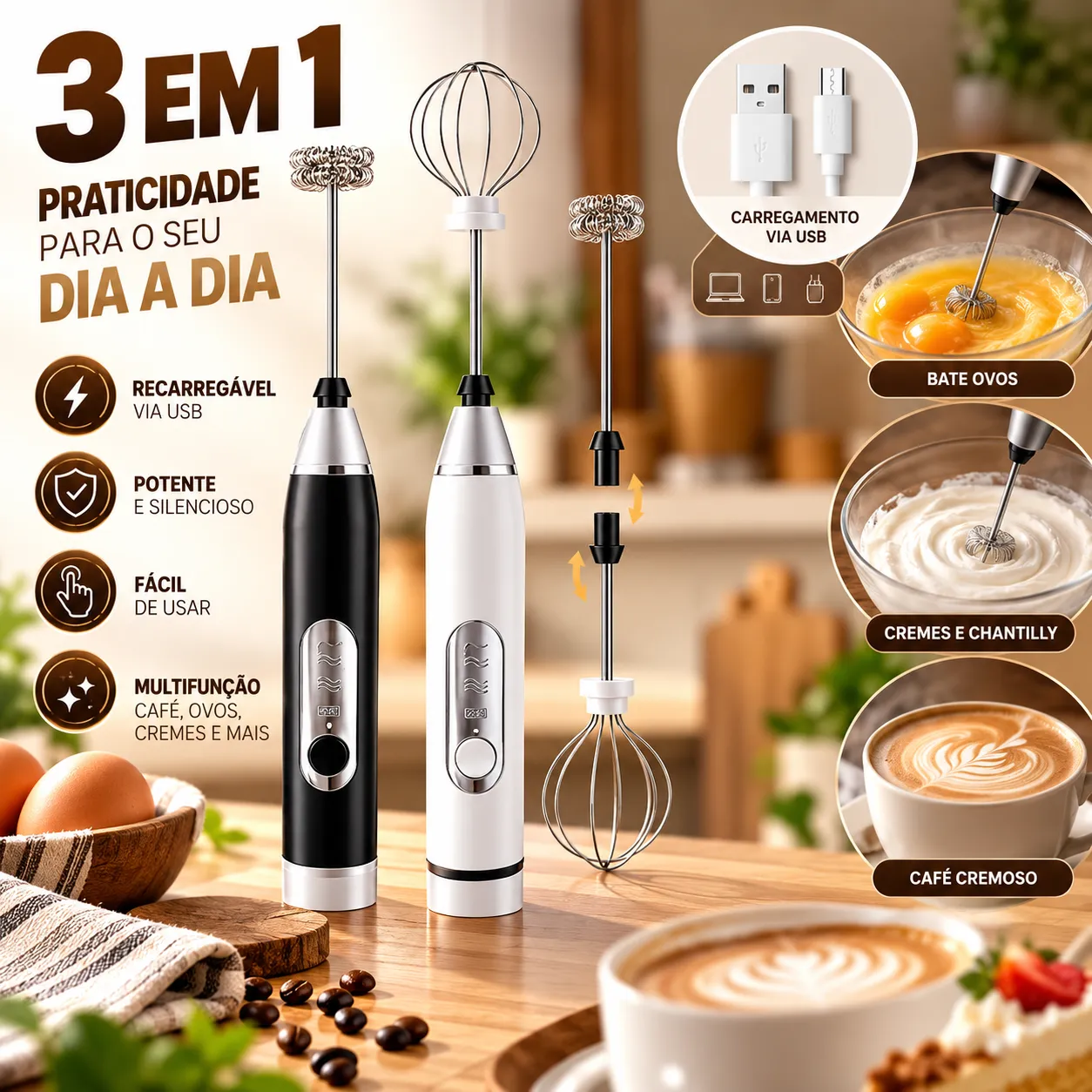 Batedor Misturador Mixer Elétrico para Bebidas Leite Café Clara de Ovo 2 em 1