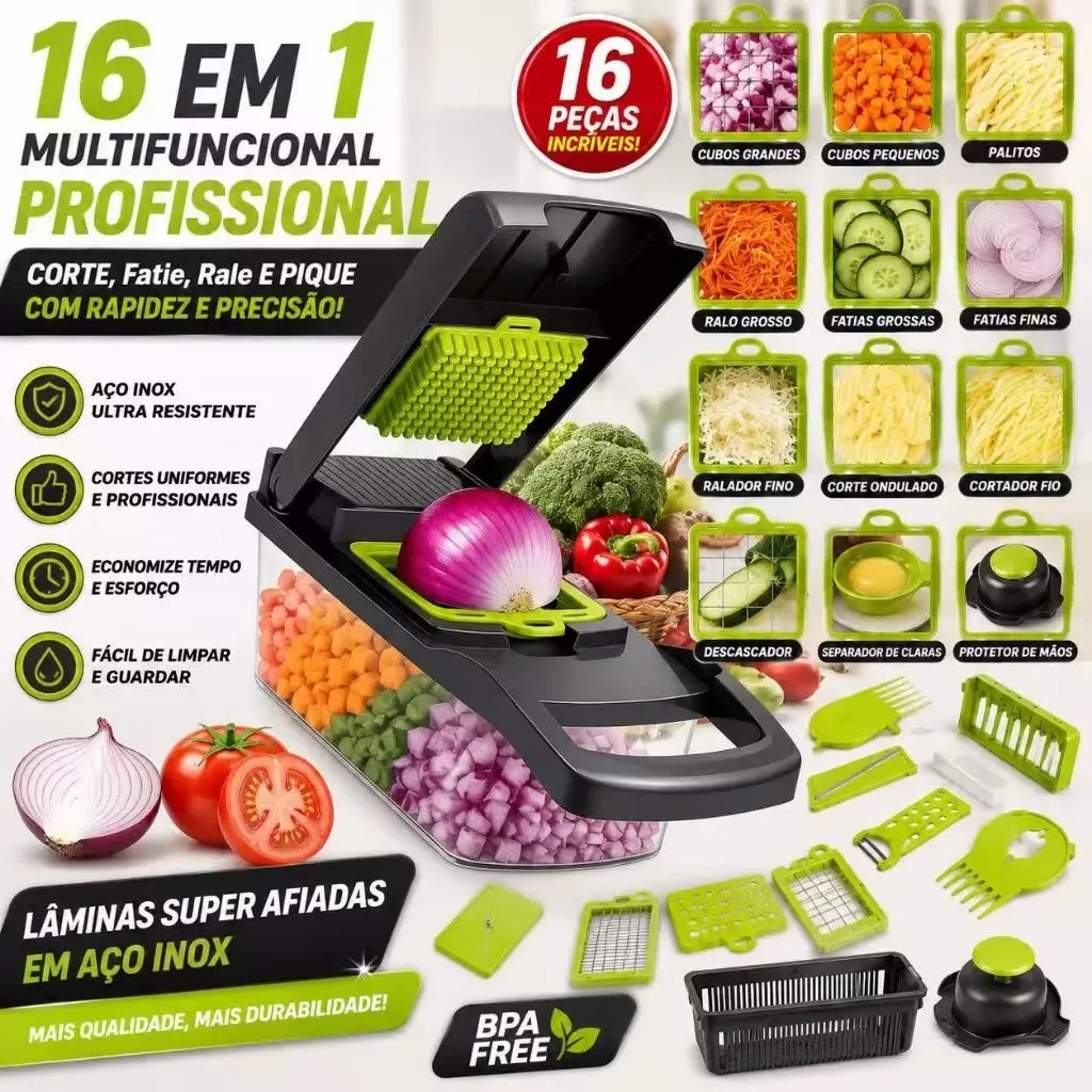 Fatiador Ralador 16 em 1 Profissional de Cozinha em Aço Inoxidável Multifuncional para Legumes Frutas e Verduras